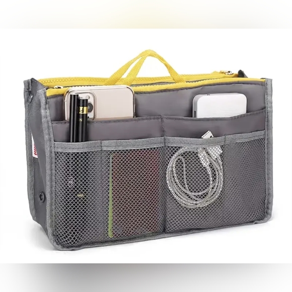 NWT bag organizer/insert grey/yellow top zip pockets & handles both sides, mesh - Picture 1 of 2